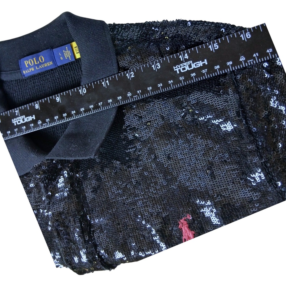 Polo Ralph Lauren Black Sequin Short Sleeve Polo Shirt Red Pony Logo Large - Picture 12 of 12